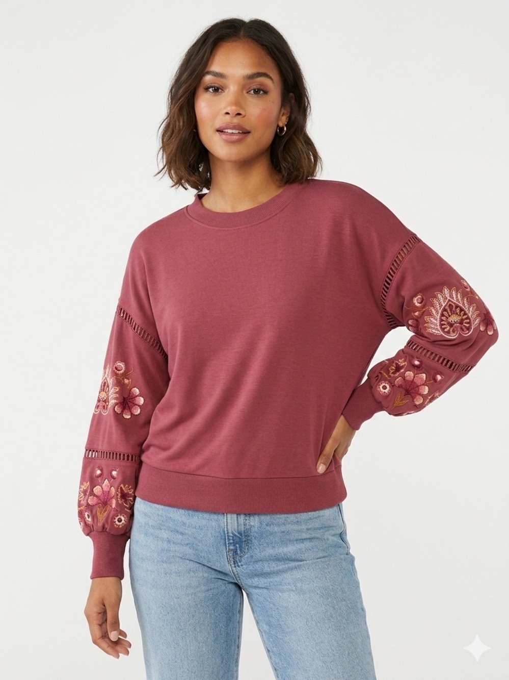 Coco + Jaimeson Embroidered Boho Long Sleeve Sweatshirt Small